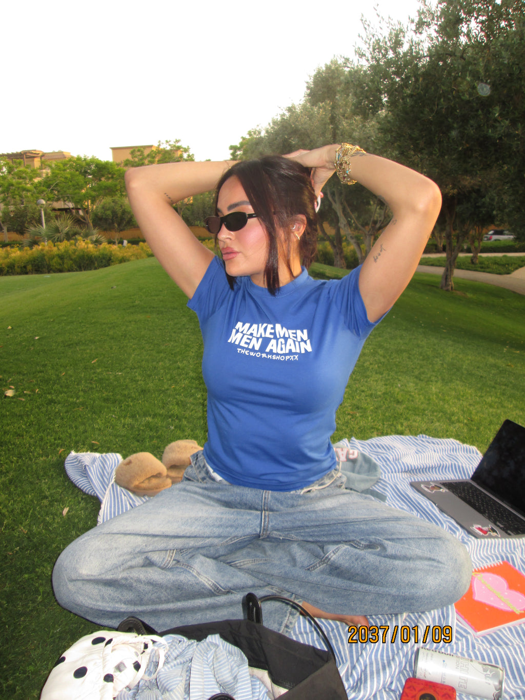 Make men men again in blue baby tee