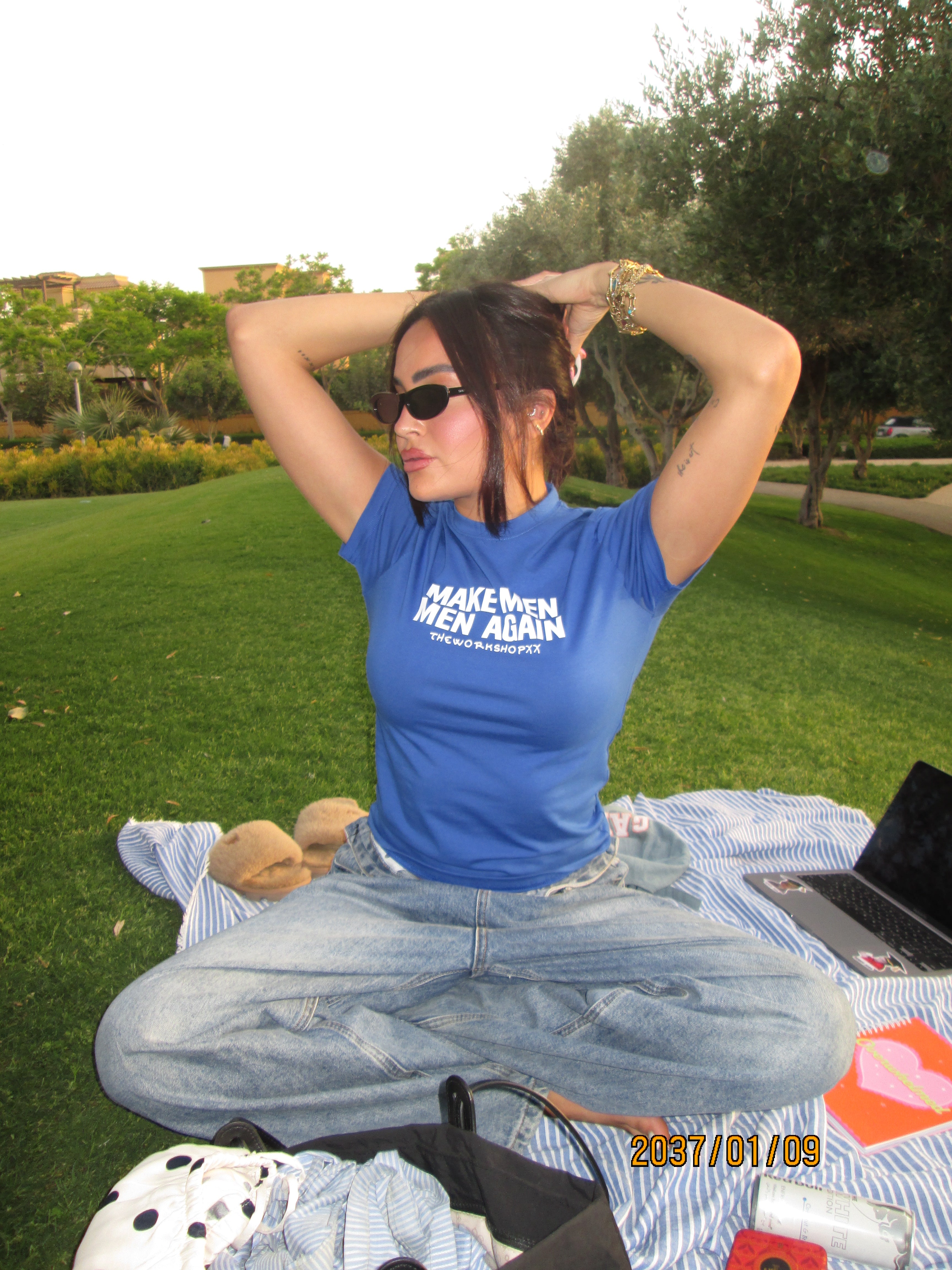 Make men men again in blue baby tee