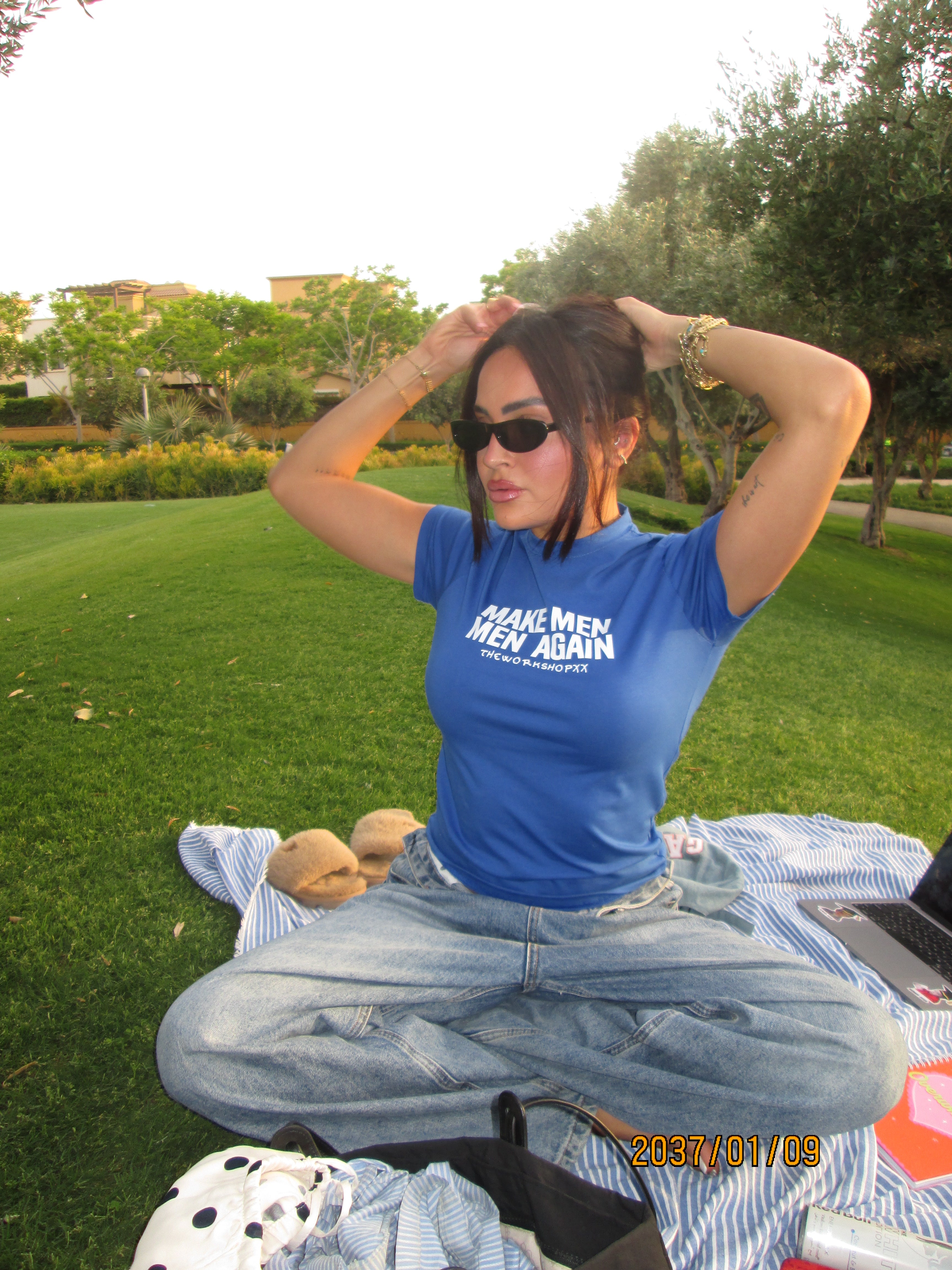 Make men men again in blue baby tee
