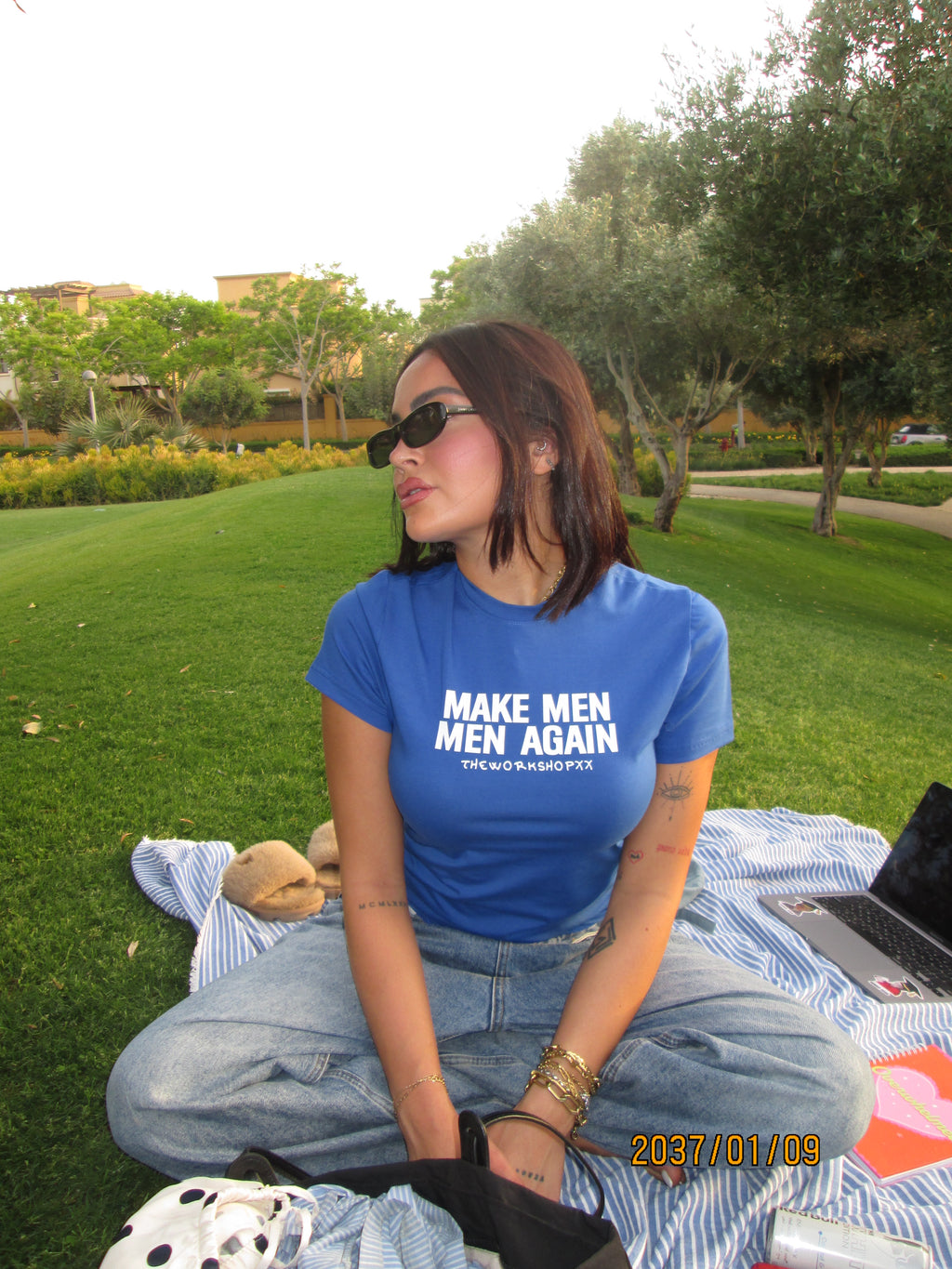 Make men men again in blue baby tee