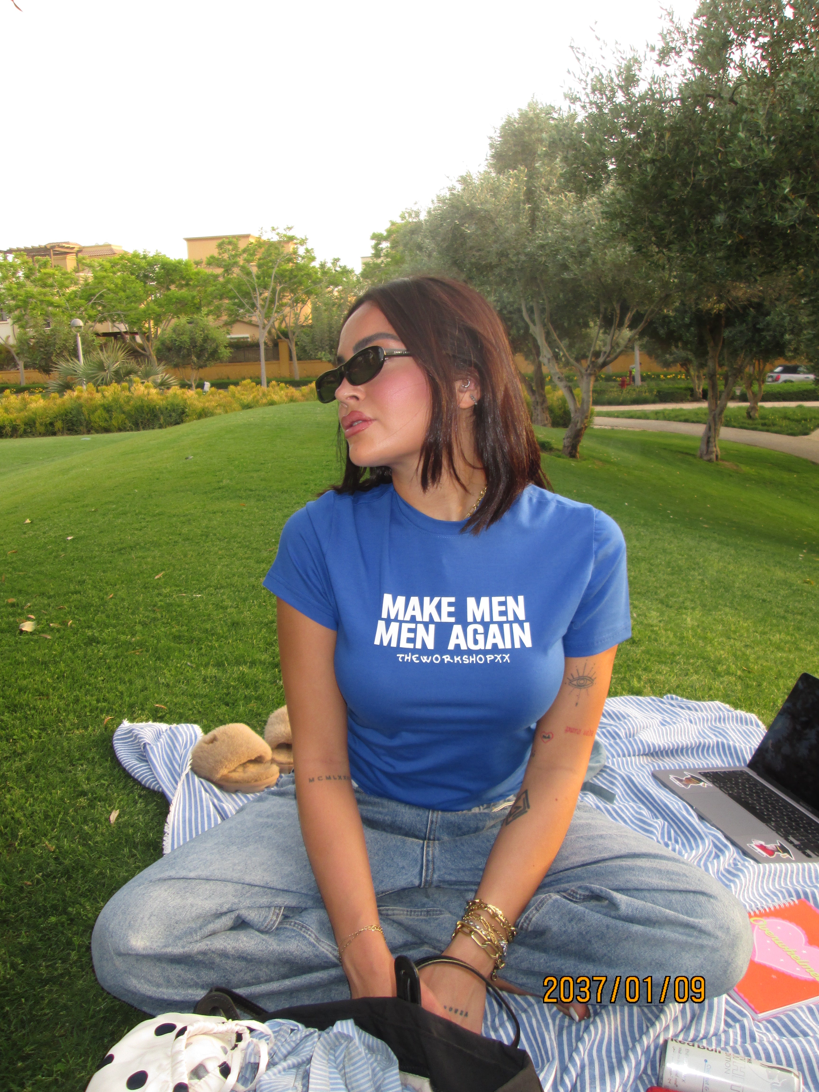 Make men men again in blue baby tee