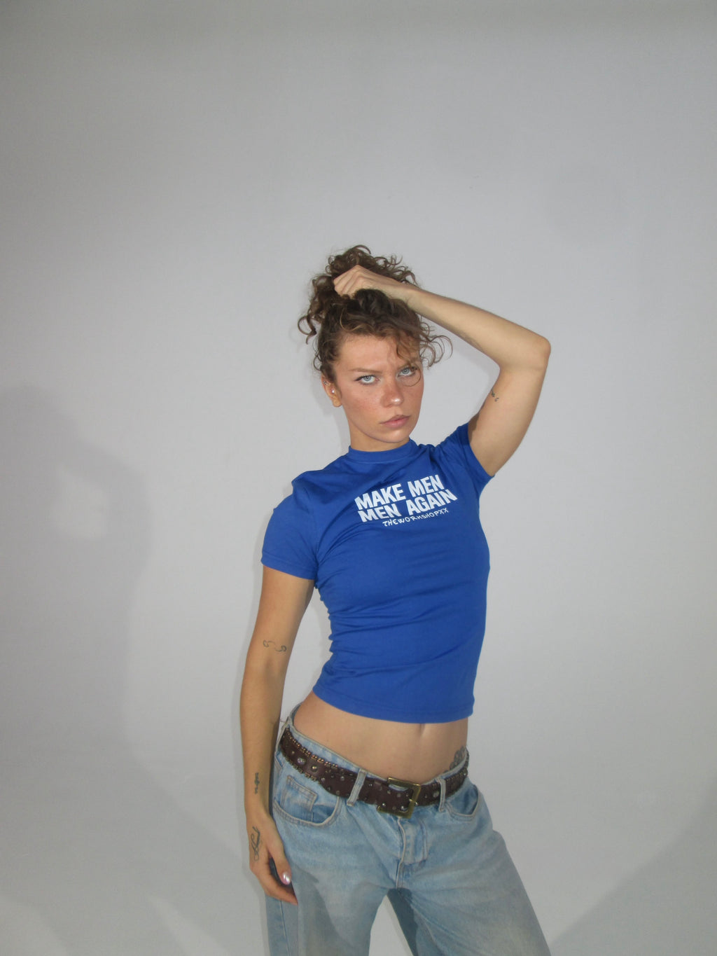 Make men men again in blue baby tee
