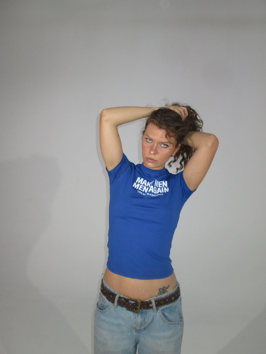 Make men men again in blue baby tee