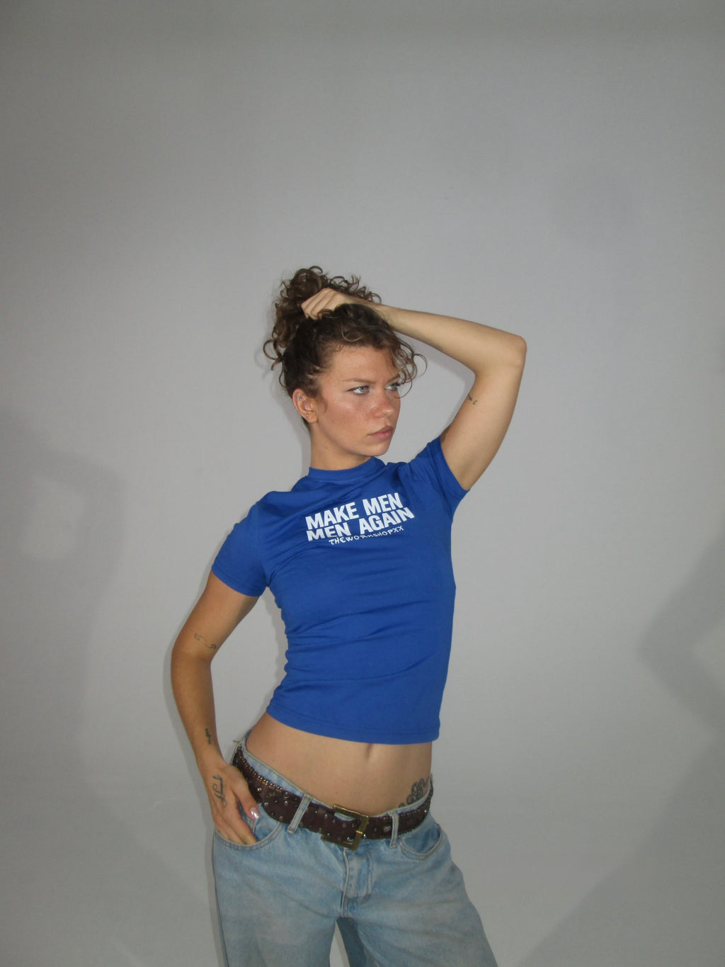 Make men men again in blue baby tee