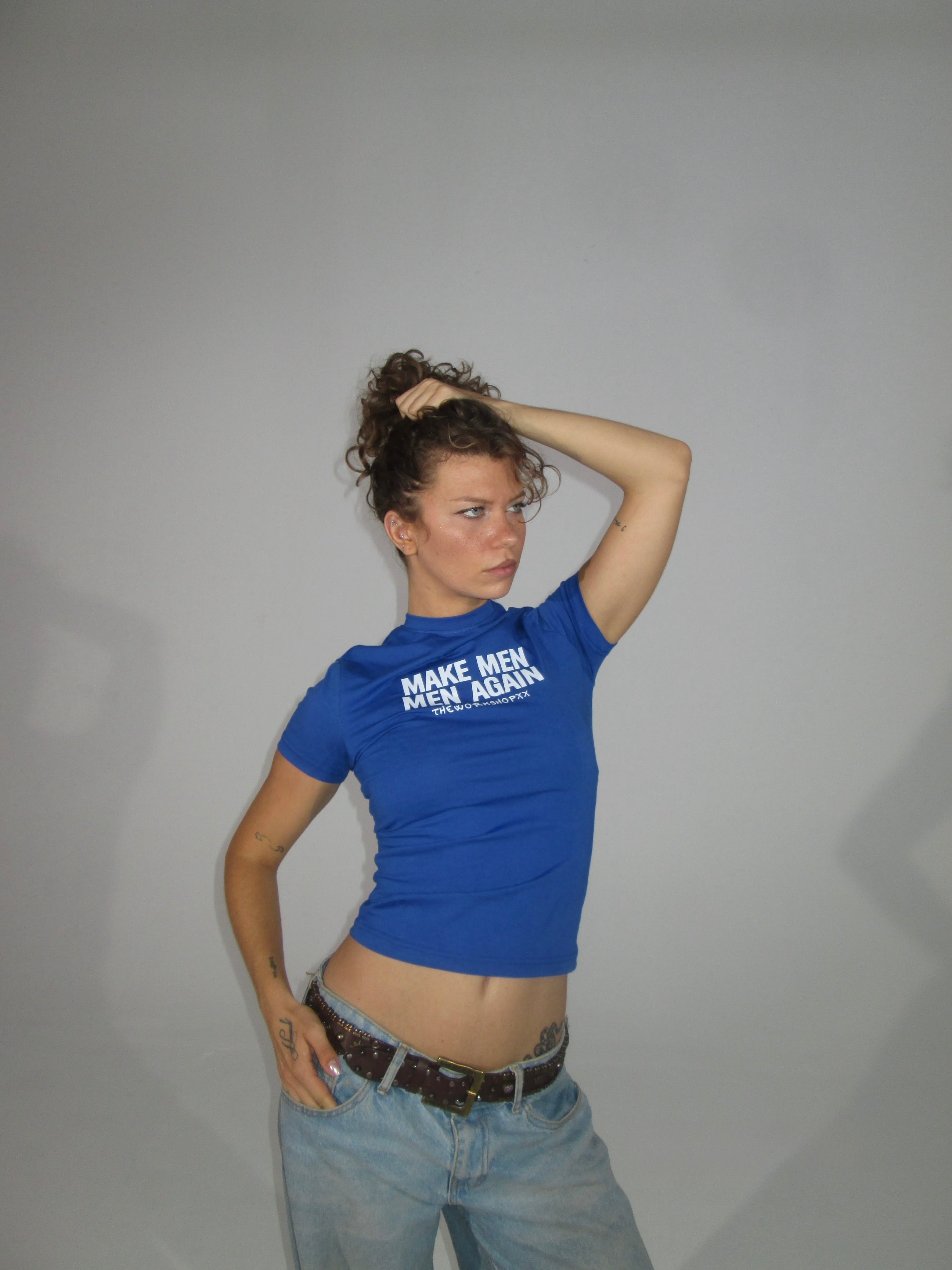 Make men men again in blue baby tee