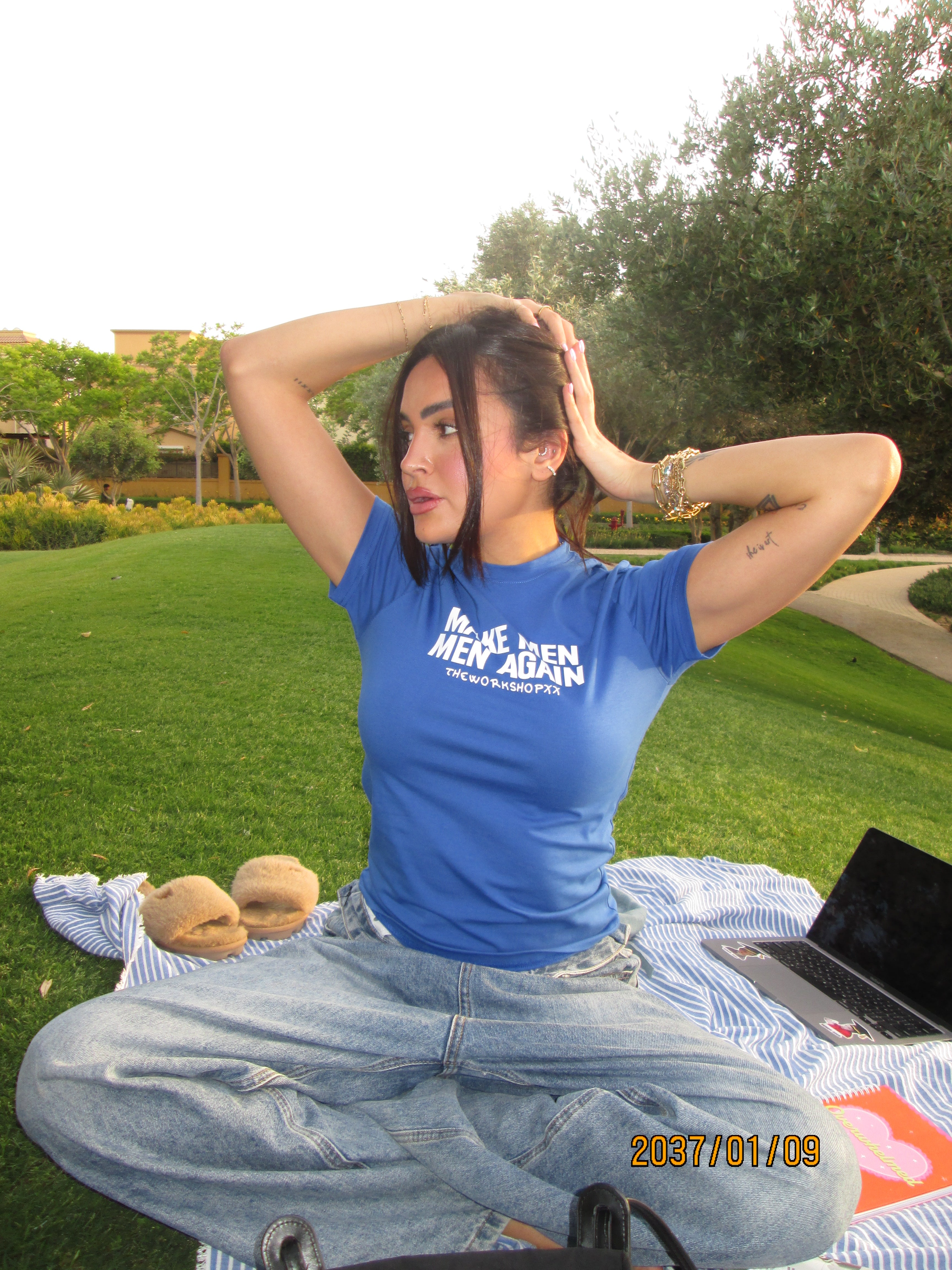 Make men men again in blue baby tee