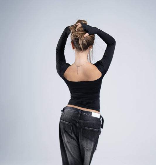 Drop I                                                                                                                                                                   backless long sleeves BLACK